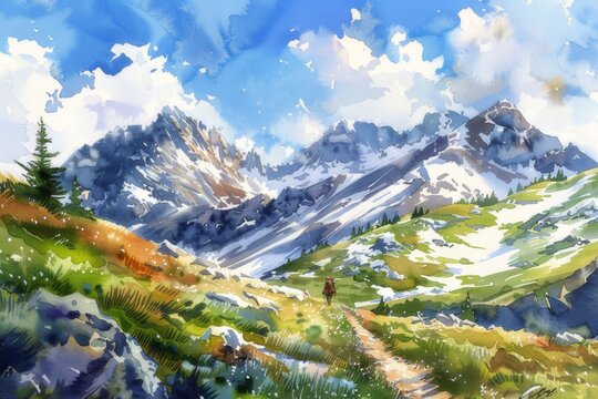 Watercolor illustration depicting a high mountain pass. Hikers enjoying the beautiful scenery