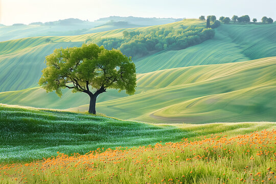 A single tree stands amidst rolling green hills and orange poppies under a clear sky in Tuscany, Italy