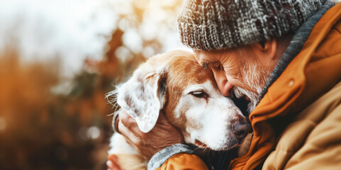 Senior Man Sharing a Tender Moment with His Beloved Dog in Autumn, National Pet Day Background - obrazy, fototapety, plakaty