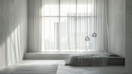 Minimalist Bedroom with Large Window and Pendant Light Tilt-Shift Shot