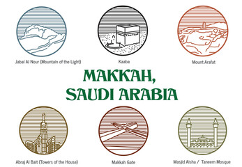 Makkah Saudi Arabia Landmarks in Circular lines concept. 