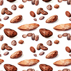 Watercolor Cocoa Beans Seamless Pattern, Aquarelle Cacao Bean, Watercolor Tropical Fruit Beans Tile