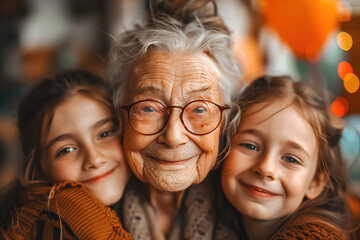 Heartwarming image of an elderly woman with glasses smiling surrounded by her loving grandchildren - obrazy, fototapety, plakaty