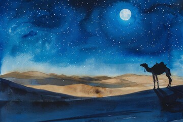A watercolor scene depicting a moonlit desert. The silhouette of a camel against the light of the moon.