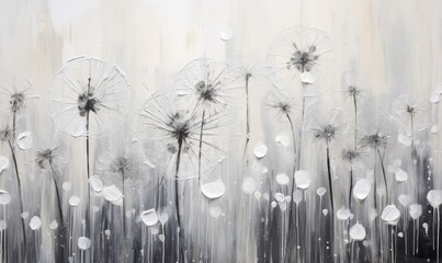 Oil Drawing Dandelion, Black and White Textured Dandelions Picture, Stylish Painting on Canvas - obrazy, fototapety, plakaty