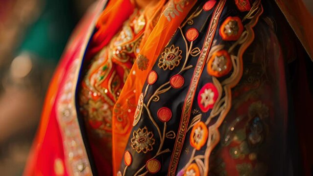 A closeup of traditional Indian clothing with intricate embroidery and patterns worn by families while celebrating Diwali.