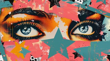 Trendy irregular stars. Textured background, with halftone eyes. Grunge modern illustration.