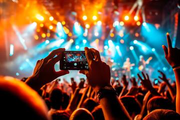 Rear view of the arms of a man recording a video of a live rock and roll band using a smart phone