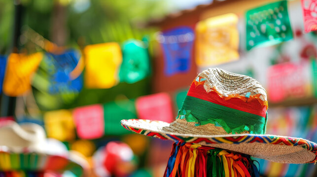 A brightly decorated Mexican sombrero with a colourful festive background during Cinco de Mayo.