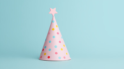 Pastel pink birthday hat with polka dots and pink star on top on a light blue background. Minimal birthday party invitation and card. Copy space concept