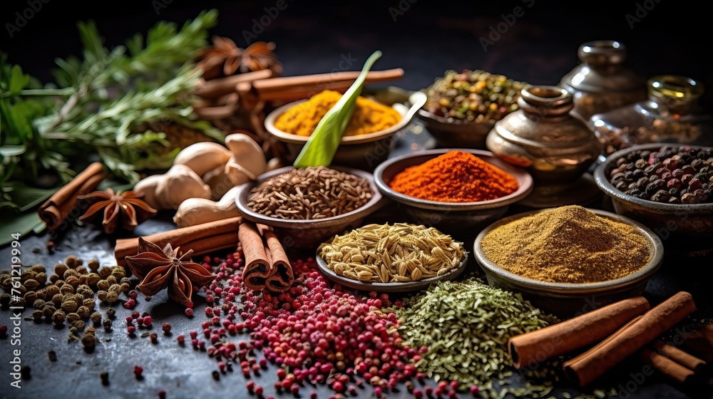 Wall mural spices. photo of fresh herbs. assortment of fresh and dried seasonings and herbs on a marble backgro