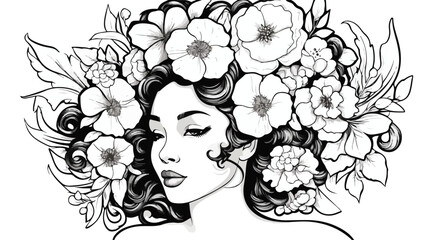 Flower Black Women Coloring pages flat vector 