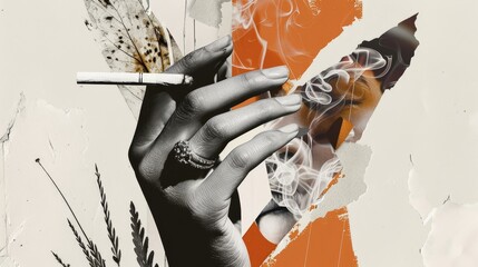 Cut out paper collage. Hand holding a cigarette. Man smoking. Modern illustration in modern style.
