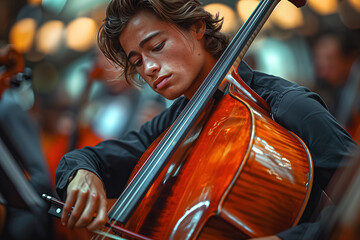 An in-depth view of a cellist passionately performing with a cello, providing a glimpse into the world of orchestral music