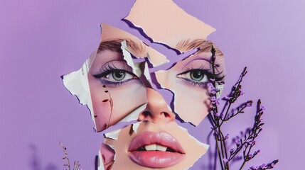 Cutout eyes and mouth for collage. Punk composition on bright purple background. Illustration of the season.