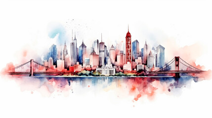 A dynamic watercolor painting capturing the essence of a bustling city skyline, showcasing towering skyscrapers, intricate architectural details, and a lively atmosphere. Banner. Copy space