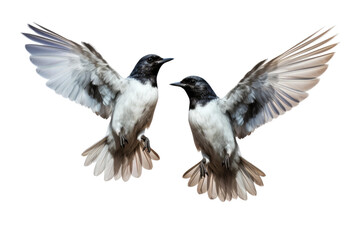 Fototapeta premium Two Black and White Birds Flying Next to Each Other. On a White or Clear Surface PNG Transparent Background.