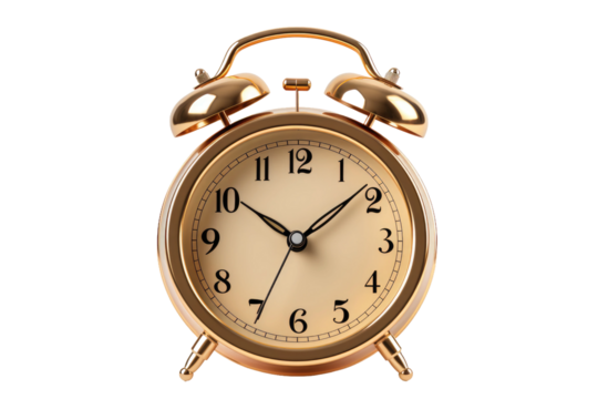 Gold Alarm Clock on White Background. On a White or Clear Surface PNG Transparent Background.