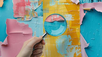 Fototapeta na wymiar The We are Hiring banner is hand drawn in collage style. HR employee is searching for a job online using a magnifying glass on a blue background. A yellow and pink and white shape is shown on a grid