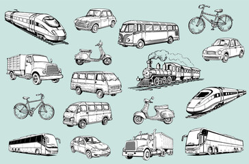 Set of hand drawn black and white illustrations on theme of Means of transport