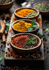 a group of spices and herbs on a wooden surface