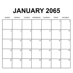 january 2065. monthly calendar design. week starts on sunday. printable, simple, and clean vector design isolated on white background.