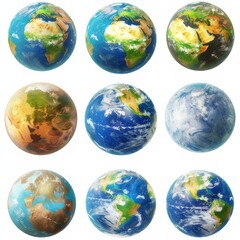 Clipart illustration with various representations of the planet Earth on a white background.