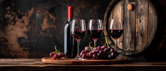 bottles and glasses of red wine and a bunch of grapes,  the background is an old wooden wall , with empty copy space