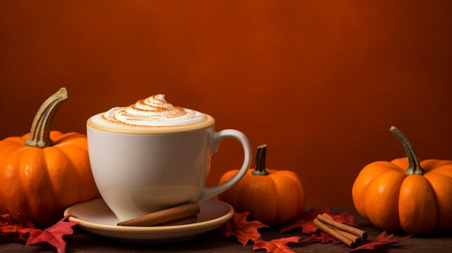 Seasonal pumpkin spice latte isolated on orange background, fall autumn decorative side view composition. Generative AI