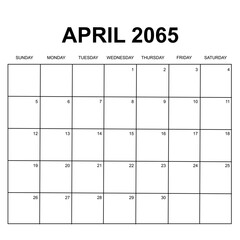 april 2065. monthly calendar design. week starts on sunday. printable, simple, and clean vector design isolated on white background.