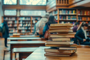 Stack of books in foreground with students studying in the blurred library background