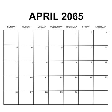 april 2065. monthly calendar design. week starts on sunday. printable, simple, and clean vector design isolated on white background.