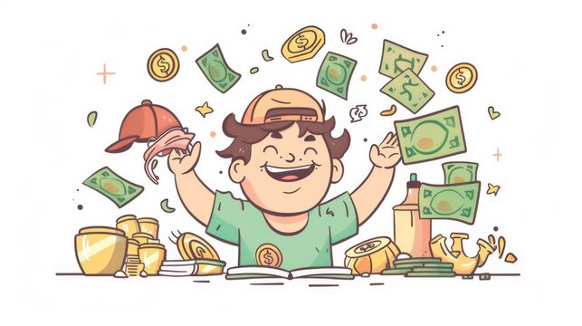 Illustration of a money waster character hand drawn in a doodle style.