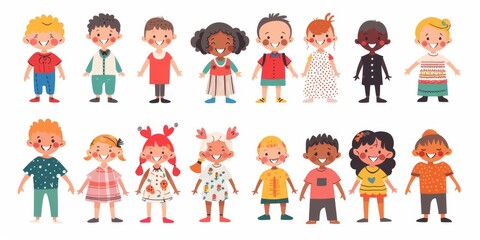 Fototapeta premium Variety of cartoon vector children in colorful outfits. A diverse group of cartoon children standing in row wearing various colorful outfits representing different styles and personalities 