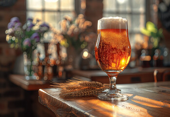 Glass of cold light beer with wheat on the wooden bar counter in pub - obrazy, fototapety, plakaty