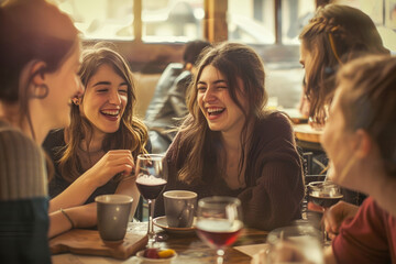 Friends enjoying drinks in cozy cafe - obrazy, fototapety, plakaty