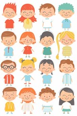 Fototapeta premium Variety of cartoon vector children in colorful outfits. A diverse group of cartoon children standing in row wearing various colorful outfits representing different styles and personalities 