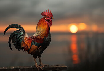Rooster standing on fence at sunset