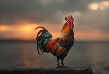 Rooster standing on fence at sunset - obrazy, fototapety, plakaty
