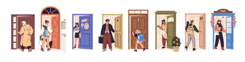 People open, close doors set. Entrances to room, cafe. Woman comes home, man goes to work, child enters to house. Characters exit, leaving, enter apartment. Flat isolated vector illustration on white - obrazy, fototapety, plakaty