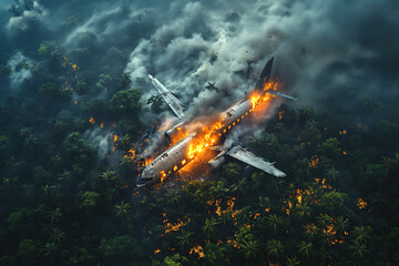 burning and smoking passenger plane that crashed in the forest jungle. Aerial top view from above drone - obrazy, fototapety, plakaty