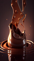 Beautiful splash of hot cocoa chocolate, swirl crown of drink pour. Delicious sweets decoration, isolated. Generative AI