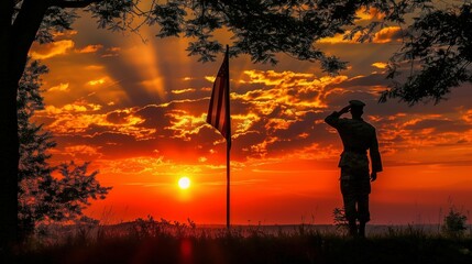 Soldier Saluting American Flag at Sunset on Memorial Day
