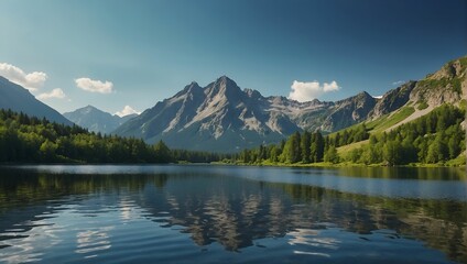 Fototapeta na wymiar Mountain and Lake Views in Spring and Summer