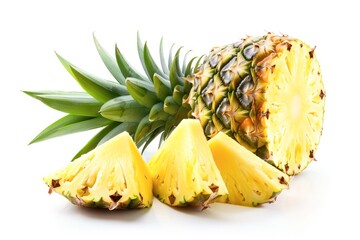 Fresh Pineapple and Slices Against a White Backdrop