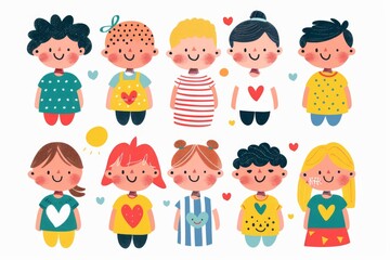 Obraz na płótnie Canvas Variety of cartoon vector children in colorful outfits. A diverse group of cartoon children standing in row wearing various colorful outfits representing different styles and personalities 