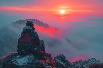 A lone traveler sits atop a mountain edge, gazing at the vibrant sunset over a sea of clouds, immersed in nature's beauty