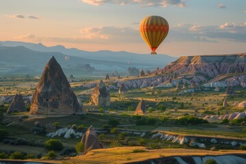 Fototapeta na wymiar Surreal view of Cappadocia, Turkey with hot air balloons. Help create stunning scenes.