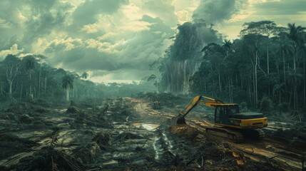  Mechanized destruction of the rainforest captured as an earthmover works amid fallen trees, showcasing the reality of habitat loss. - obrazy, fototapety, plakaty