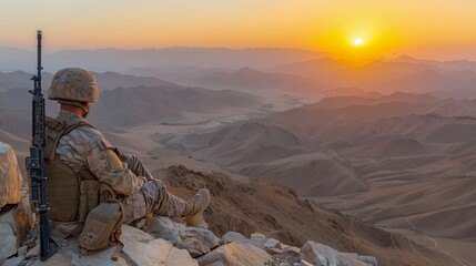 Soldier Contemplating at Sunset in Military Gear - obrazy, fototapety, plakaty